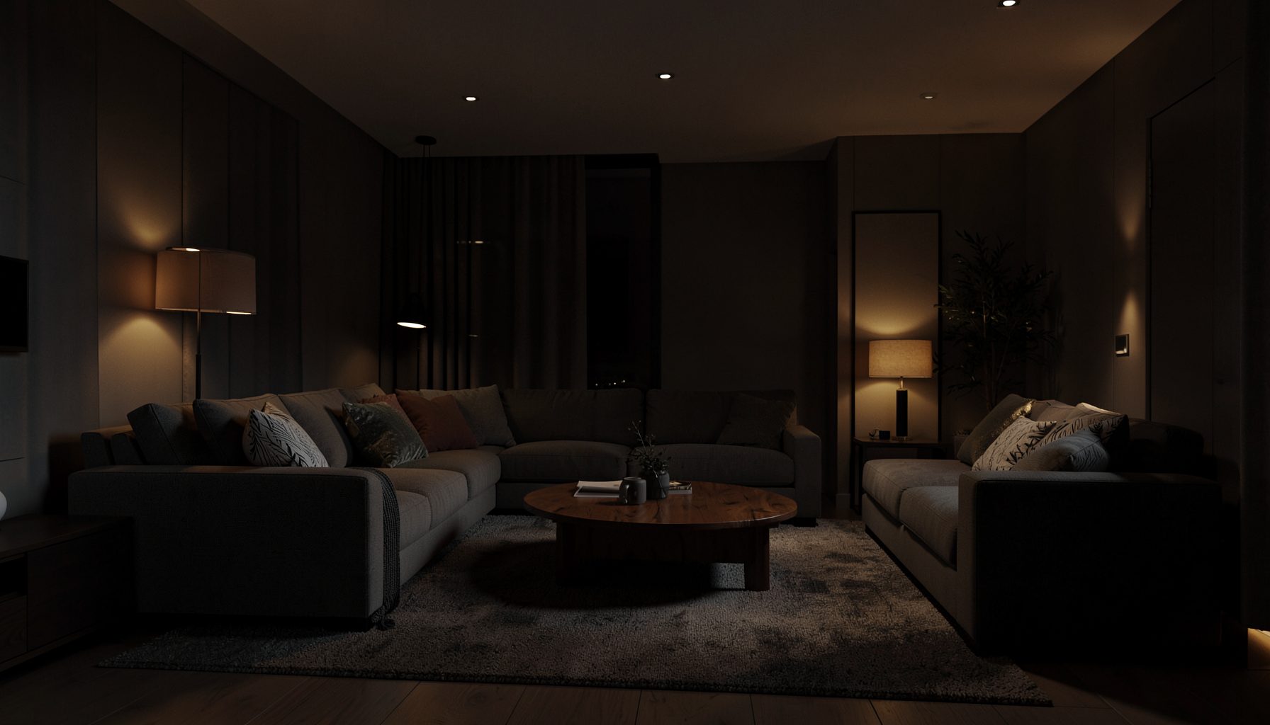 A dark atmospheric interior of a modern living room with warm amber accent lighting, soft shadows, and a calm residential feel